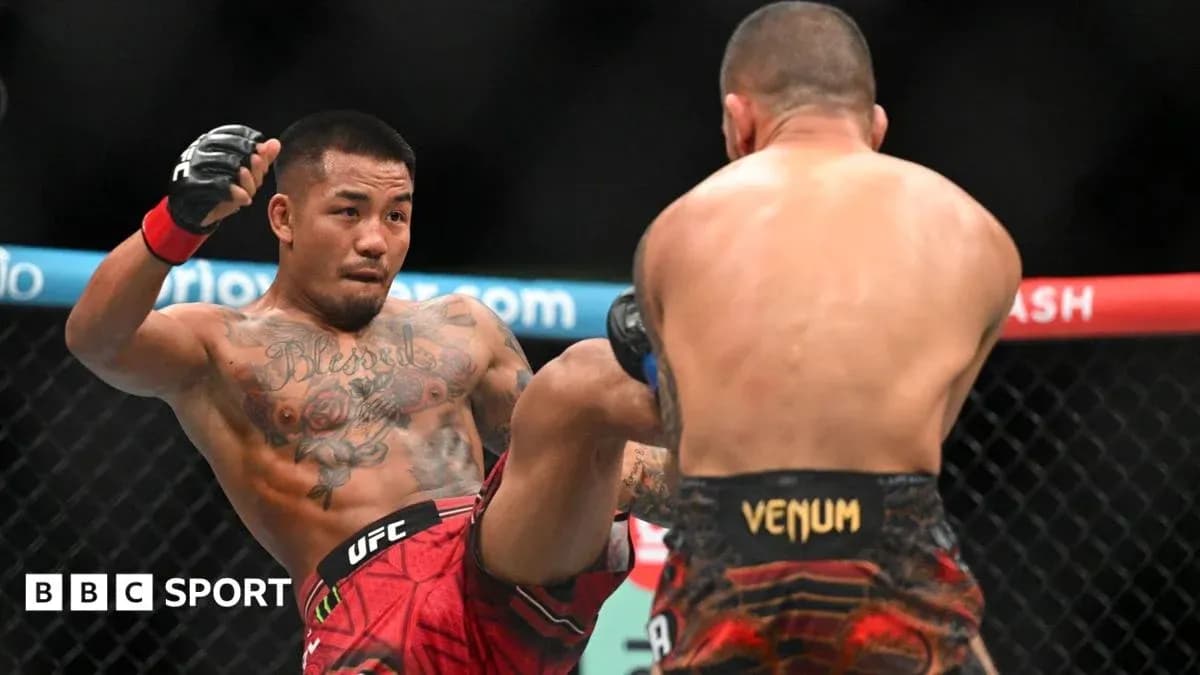 Luchador lanzando una patada en combate de UFC Luchador lanzando una patada en combate de UFC