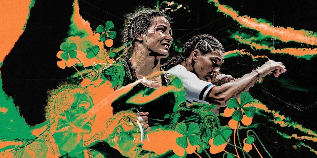 Dos luchadoras en un fondo colorido con tréboles Dos luchadoras en un fondo colorido con tréboles