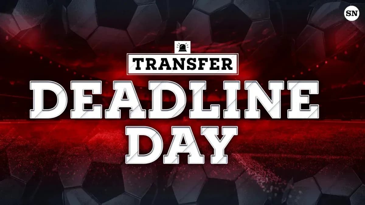 Texto que dice 'Transfer Deadline Day' sobre fondo de fútbol Texto que dice 'Transfer Deadline Day' sobre fondo de fútbol