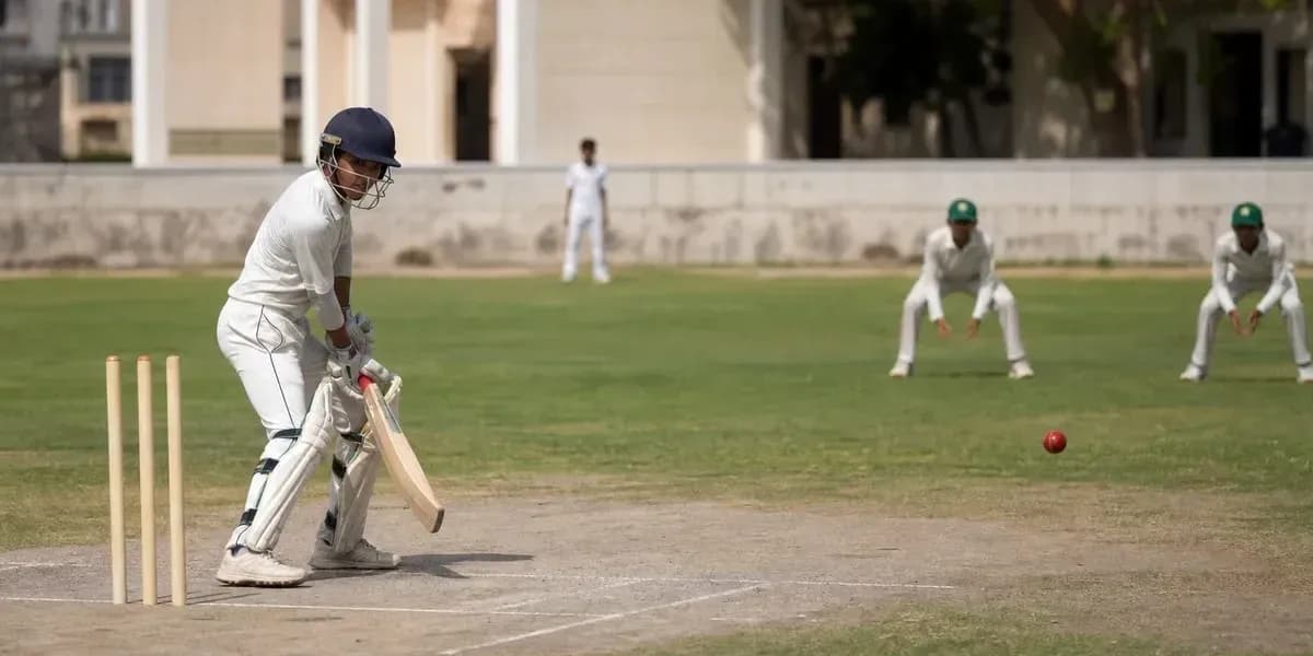 Jugador de cricket bateando mientras dos jugadores esperan Jugador de cricket bateando mientras dos jugadores esperan